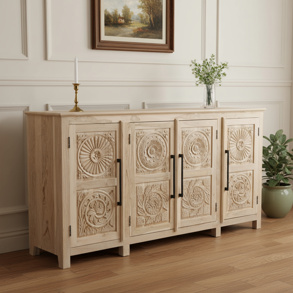 634322 38 x 74 x 18 in. Natural Distressed Solid Wood Carved Floral Sideboard with 4 Doors
