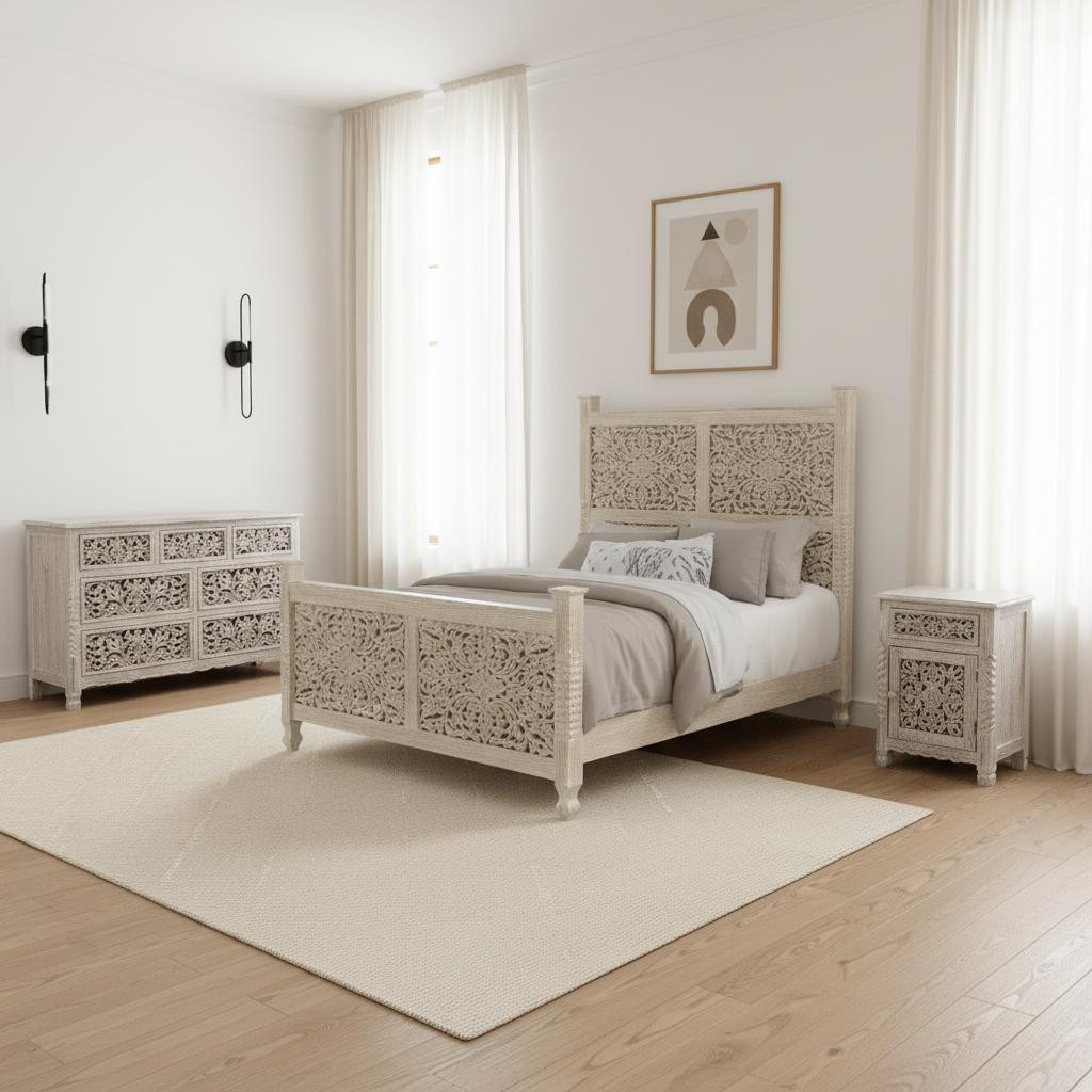 636271 70 x 67 x 89 in. White Solid Wood Bedroom Set - 3 Piece