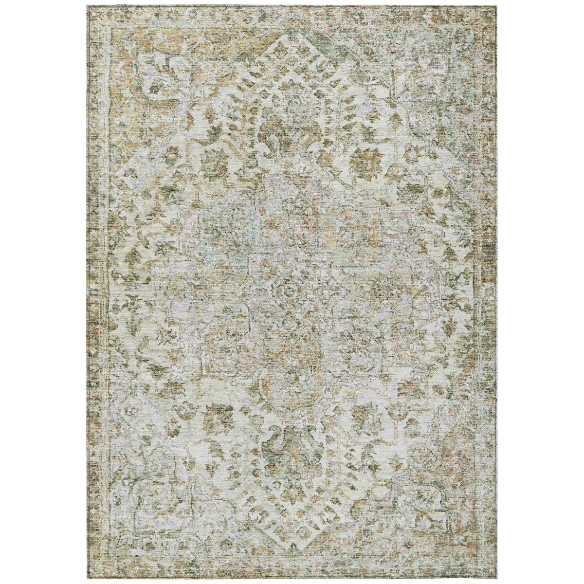 636790 9 x 12 ft. Ivory Beige & Wheat Floral Medallion Washable Traditional Indoor & Outdoor Rectangle Area Rug