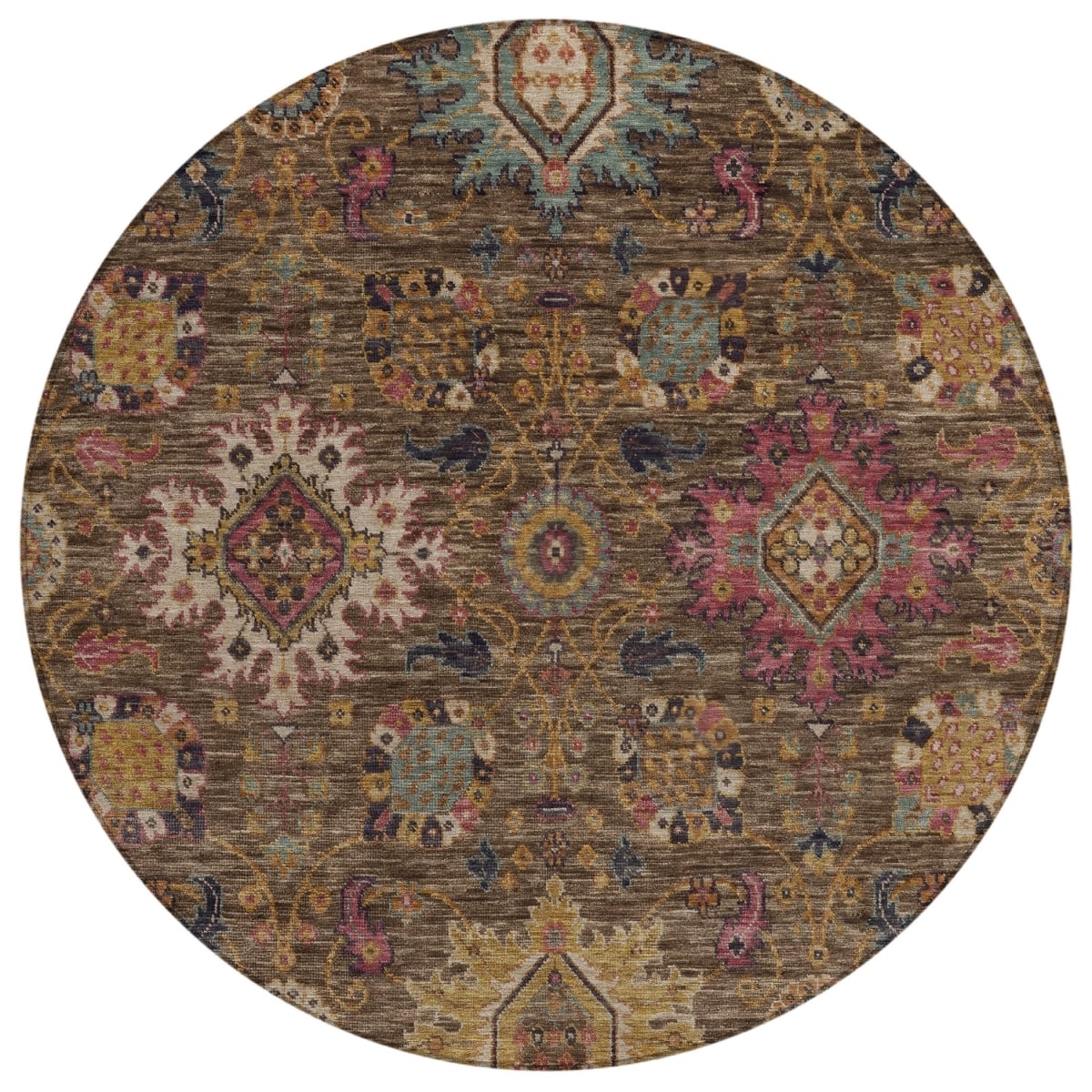 637232 8 ft. Chocolate Gold & Teal Blue Medallion Washable Traditional Indoor & Outdoor Round Area Rug