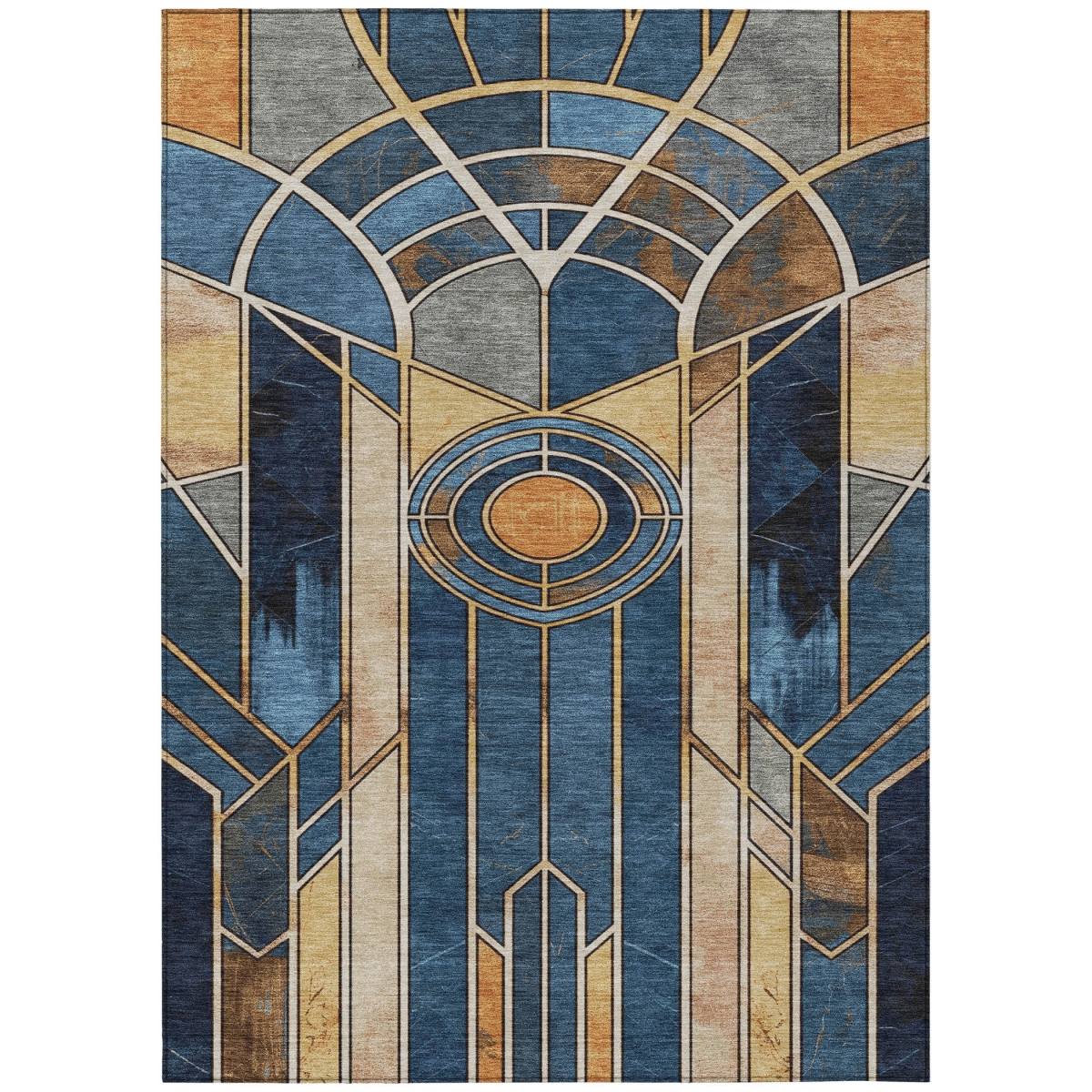 637908 9 x 12 ft. Blue Beige & Copper Geometric Washable Transitional Indoor & Outdoor Rectangle Area Rug