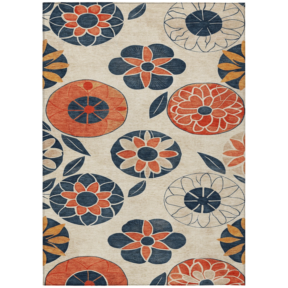 637926 8 x 10 ft. Beige Coral & Navy Blue Floral Washable Transitional Indoor & Outdoor Rectangle Area Rug