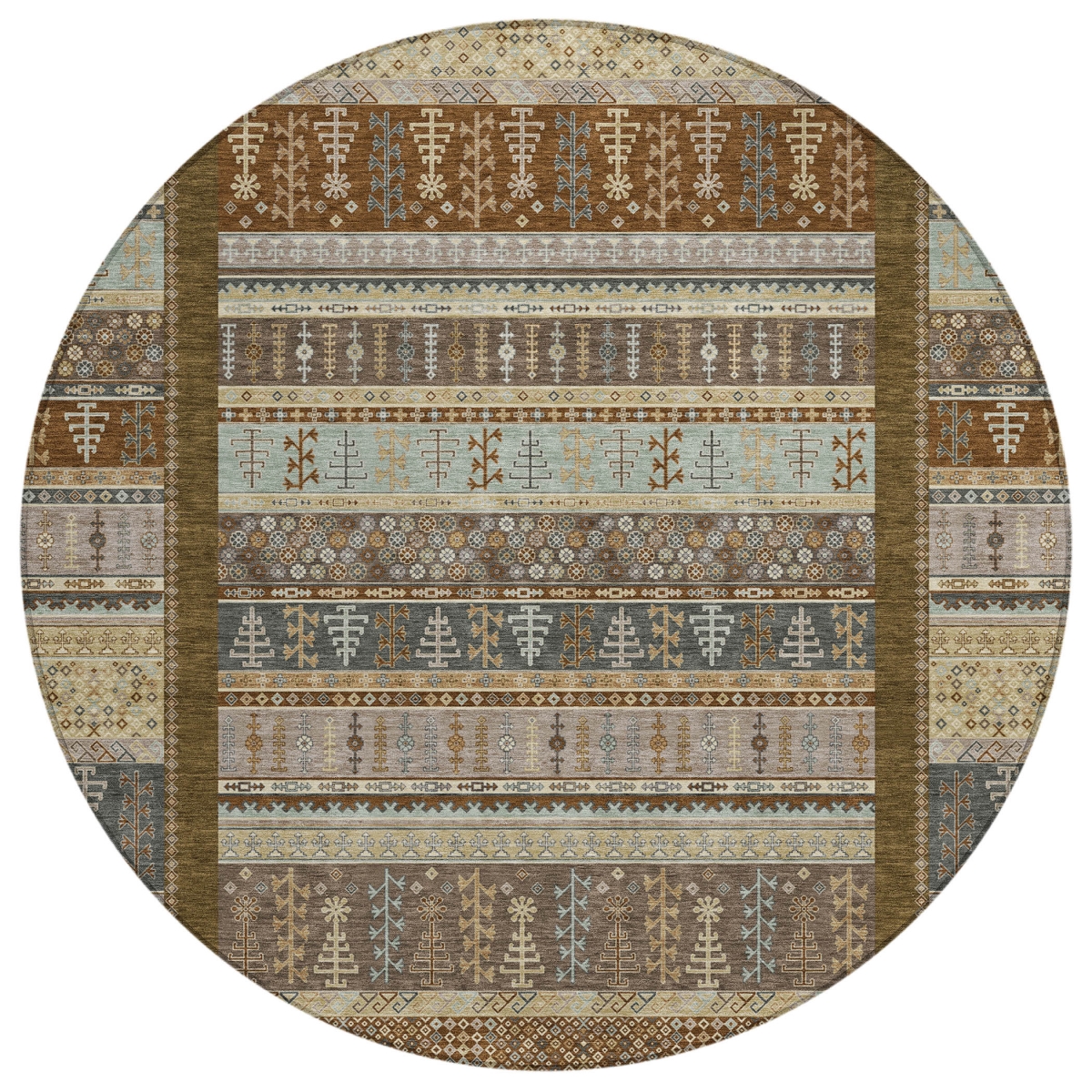 637442 8 ft. Brown, Beige & Gray Striped Washable Transitional Indoor & Outdoor Round Area Rug
