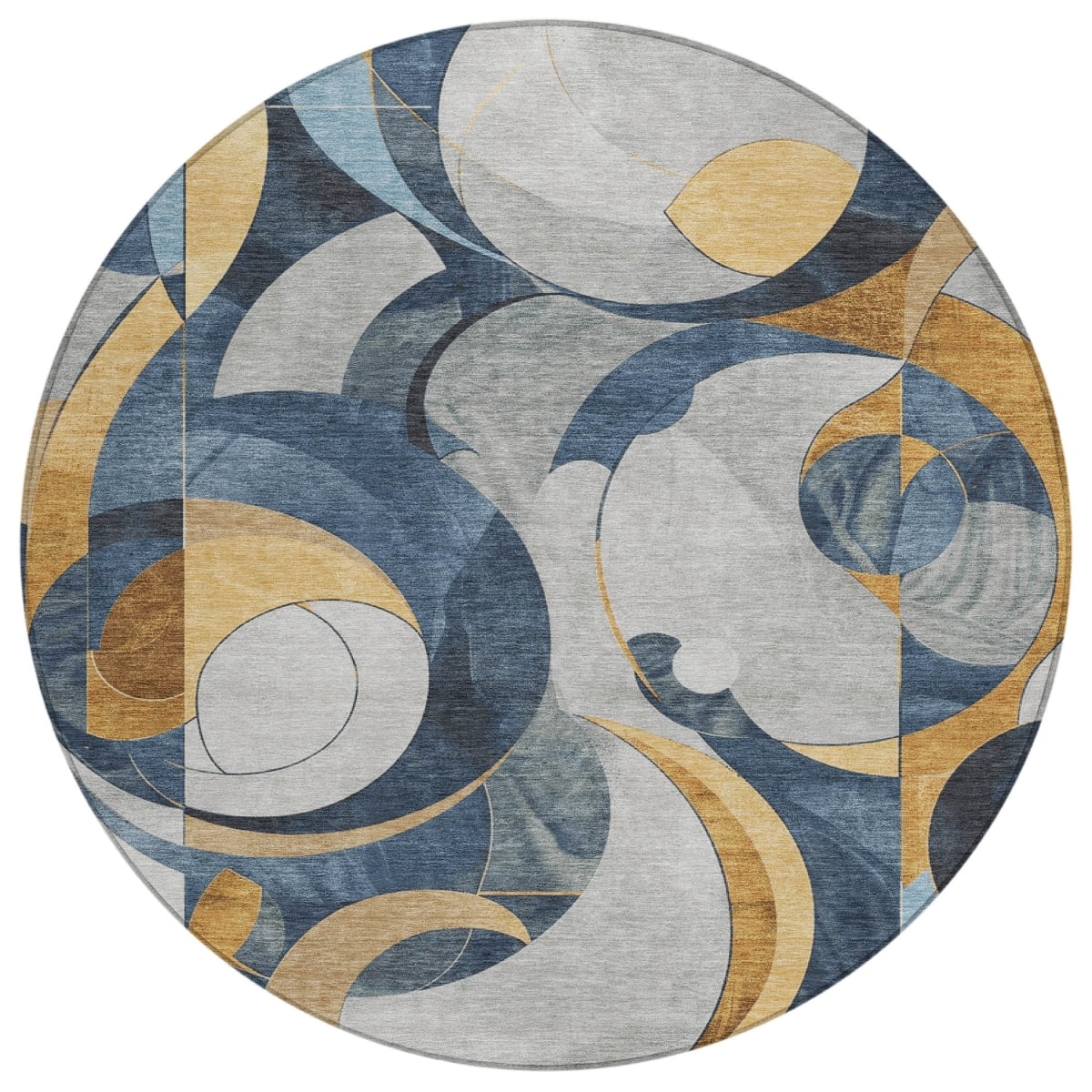 637900 8 ft. Blue Gold & Gray Geometric Washable Transitional Indoor & Outdoor Round Area Rug