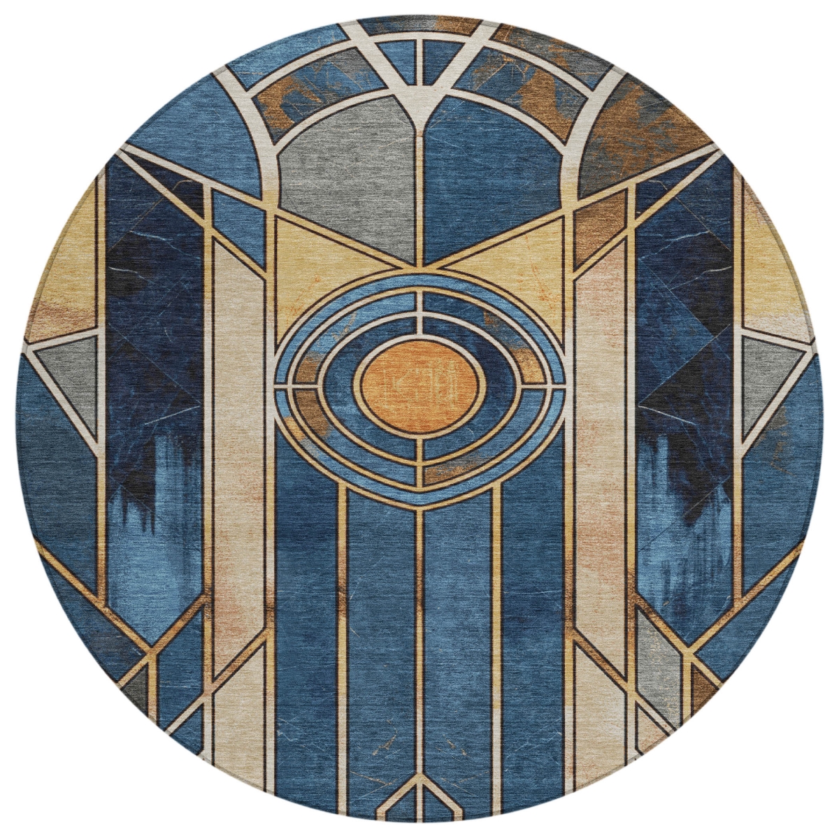 637906 8 ft. Blue Beige & Copper Geometric Washable Transitional Indoor & Outdoor Round Area Rug