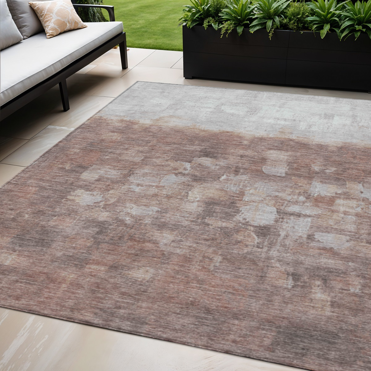 632084 5 x 8 ft. Rust & Silver Abstract Washable Transitional Indoor & Outdoor Rectangle Area Rug