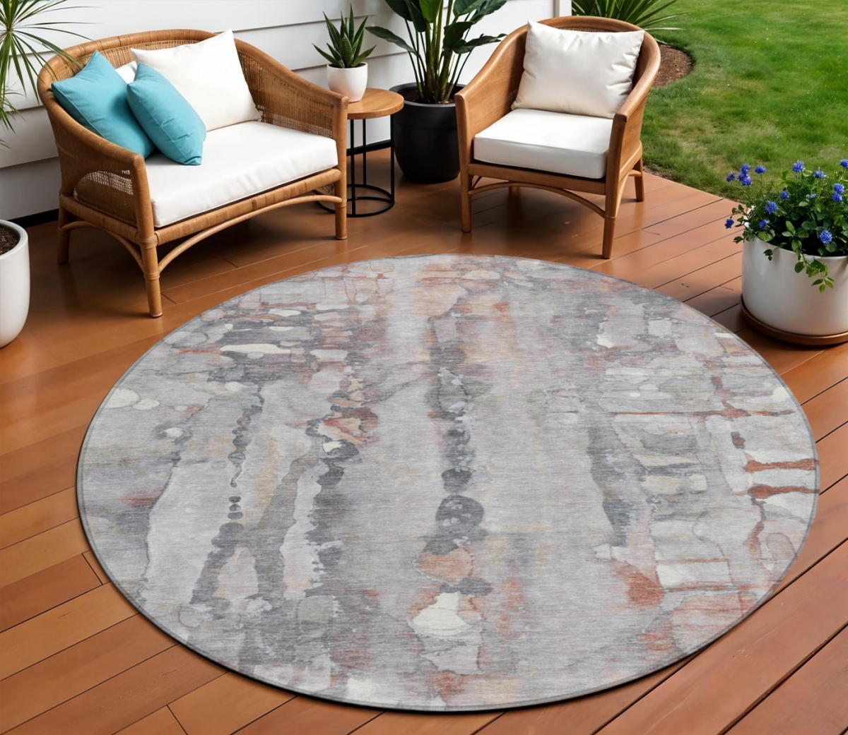 632115 8 ft. Copper & Gray Abstract Washable Transitional Indoor & Outdoor Round Area Rug