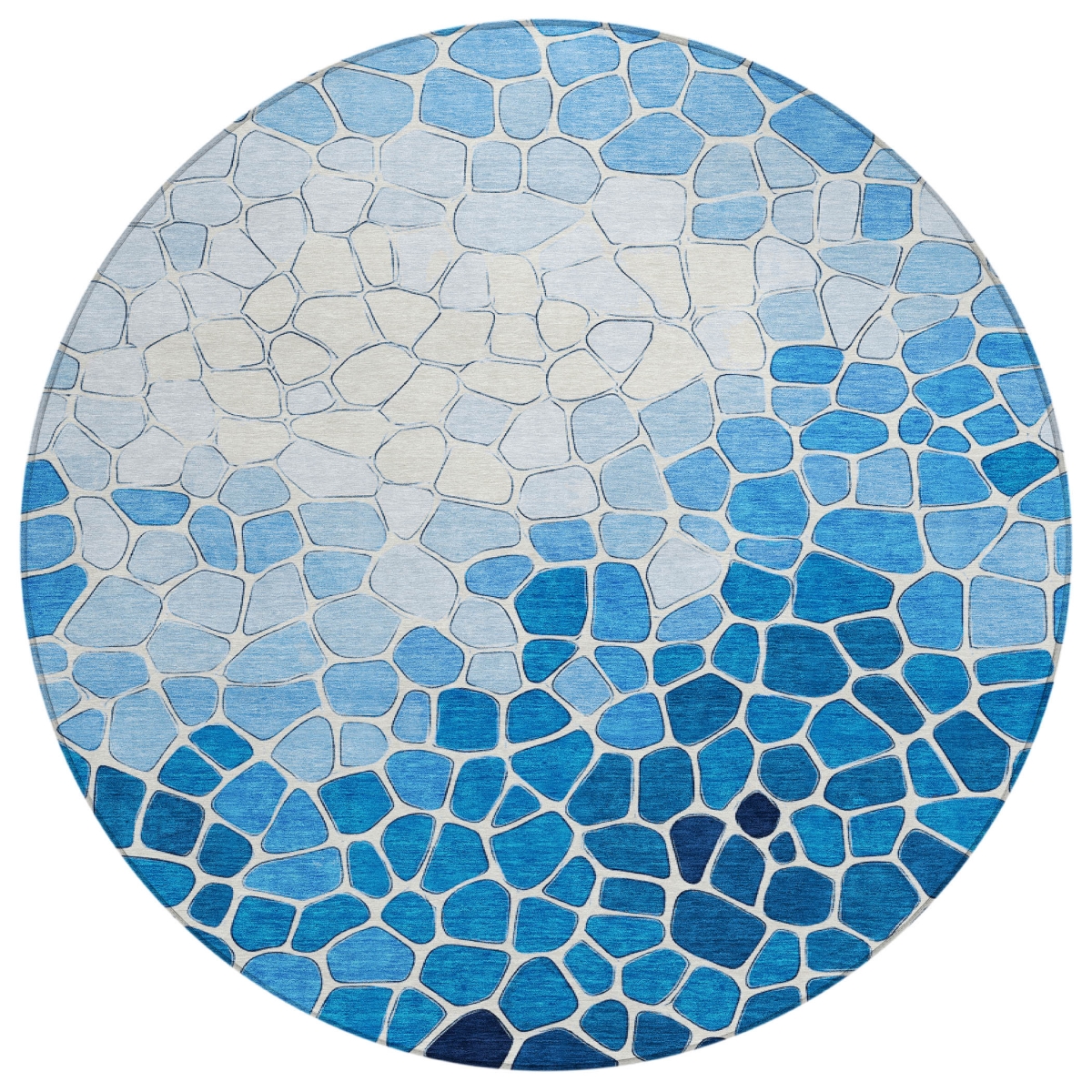 638159 8 ft. Blue & Ivory Geometric Washable Transitional Indoor & Outdoor Round Area Rug
