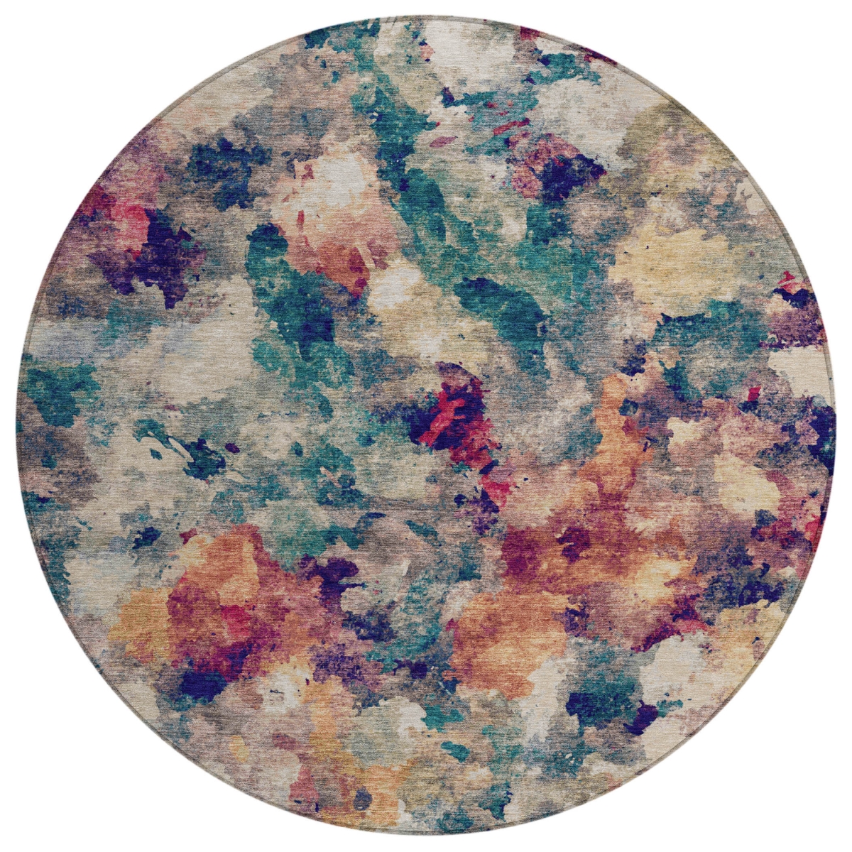 638474 8 ft. Beige Teal, Blue & Blush Abstract Washable Transitional Indoor & Outdoor Round Area Rug