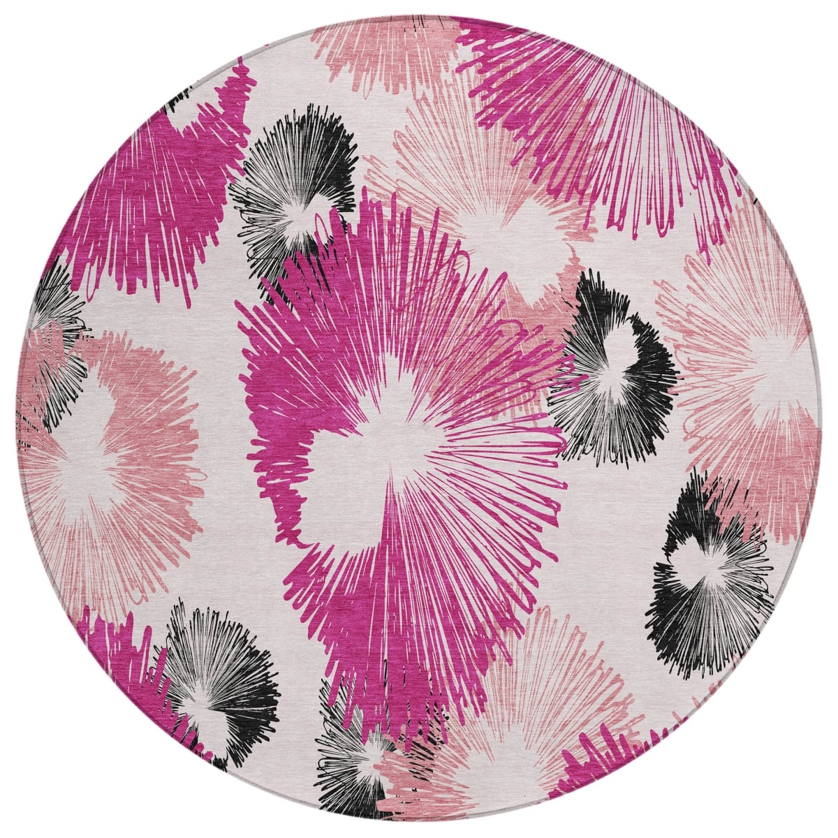 636655 8 ft. Pink Ivory & Charcoal Floral Washable Transitional Indoor & Outdoor Round Area Rug
