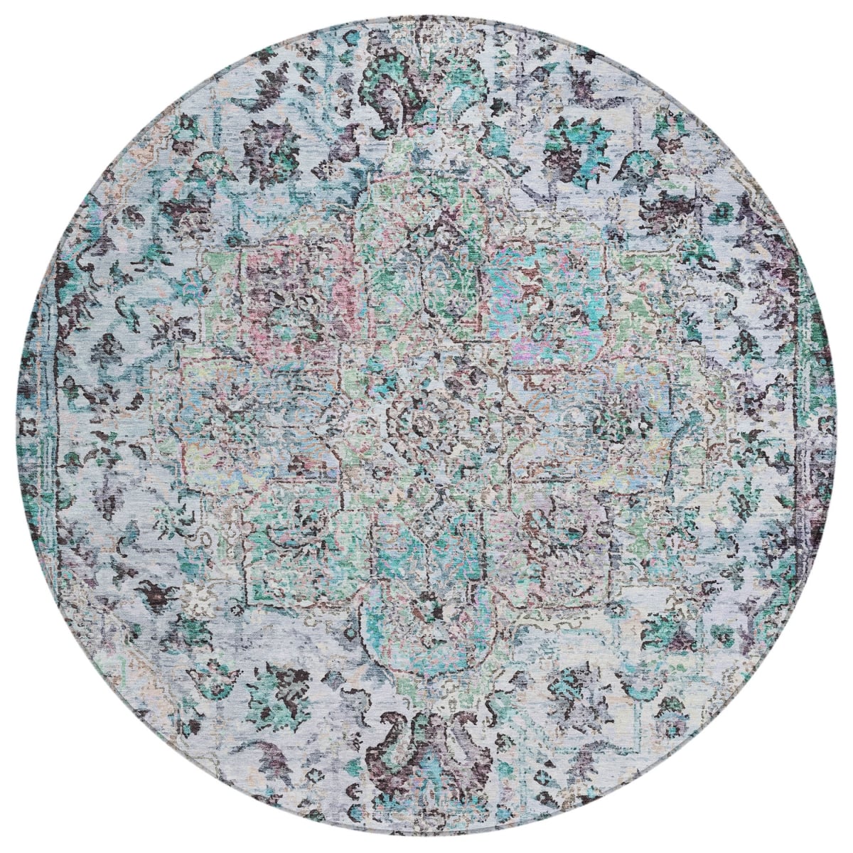 636800 8 ft. Sky Blue, Ivory & Lavender Floral Medallion Washable Traditional Indoor & Outdoor Round Area Rug