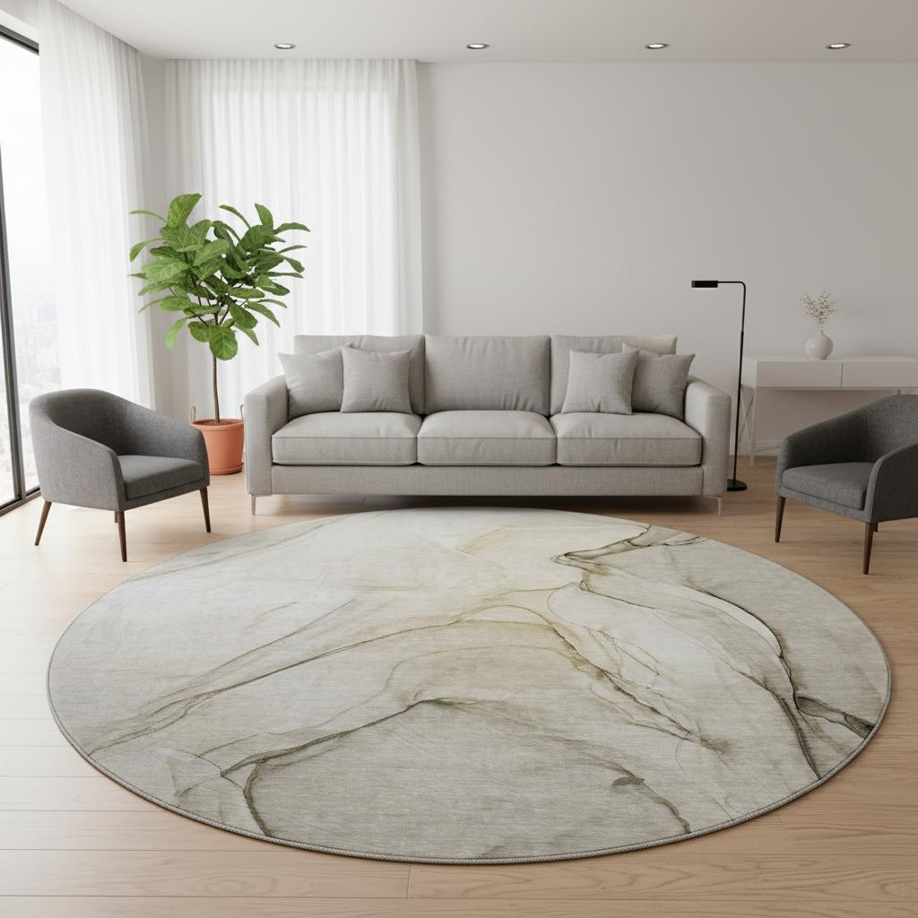646605 8 ft. Beige & Ivory Abstract Transitional Washable Round Area Rug with UV Protection