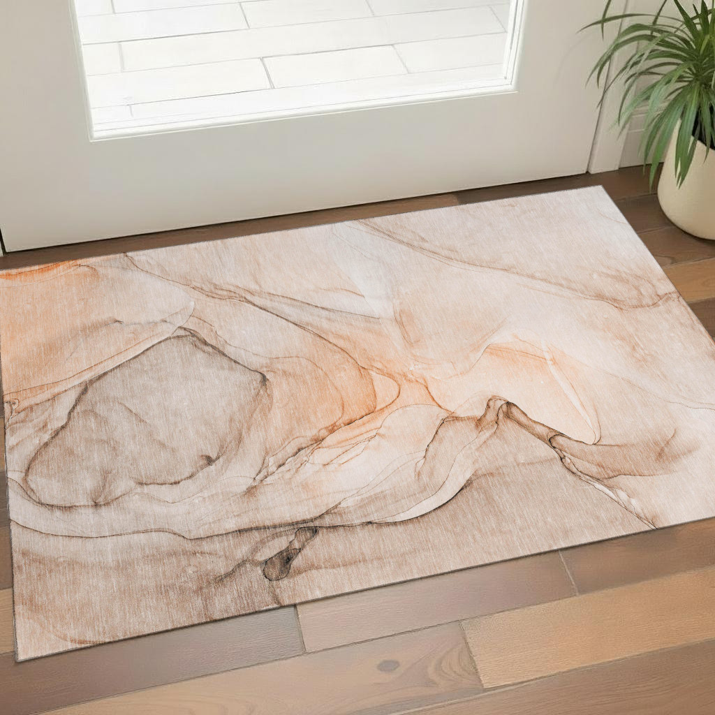 646633 3 x 5 ft. Orange & Ivory Abstract Transitional Washable Machine Made Rectangle Area Rug with UV Protection