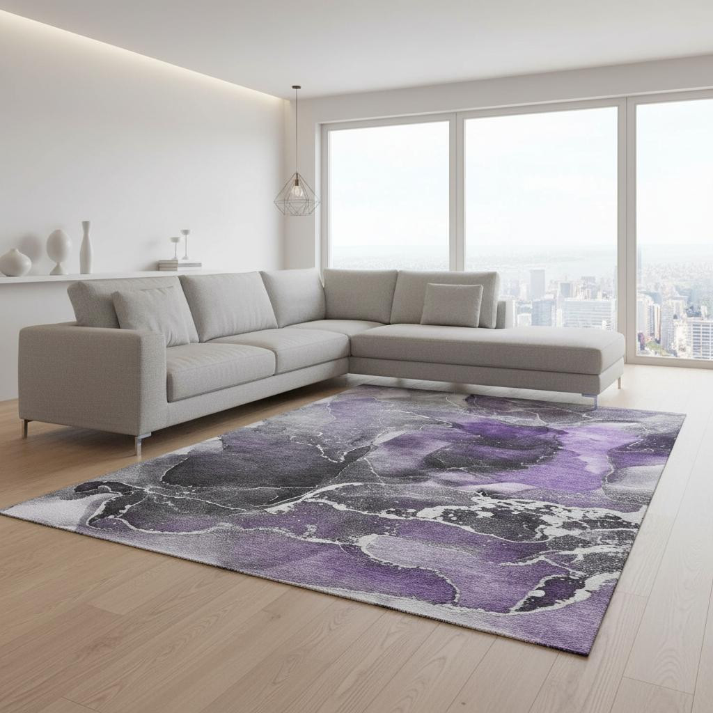 646698 10 x 14 ft. Purple & Charcoal Abstract Washable Machine Made Rectangle Area Rug with UV Protection