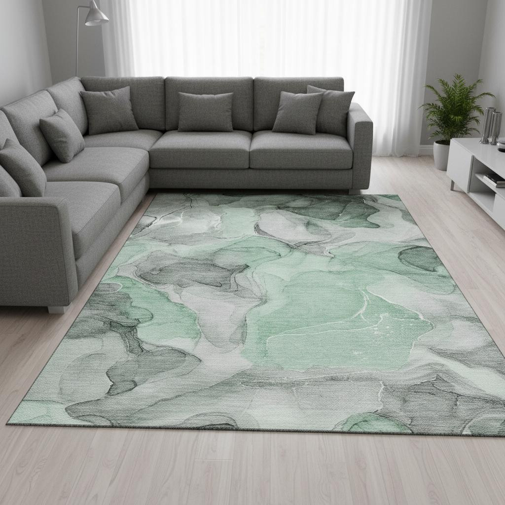 646722 10 x 14 ft. Green, Gray & Ivory Abstract Transitional Washable Machine Made Rectangle Area Rug with UV Protection