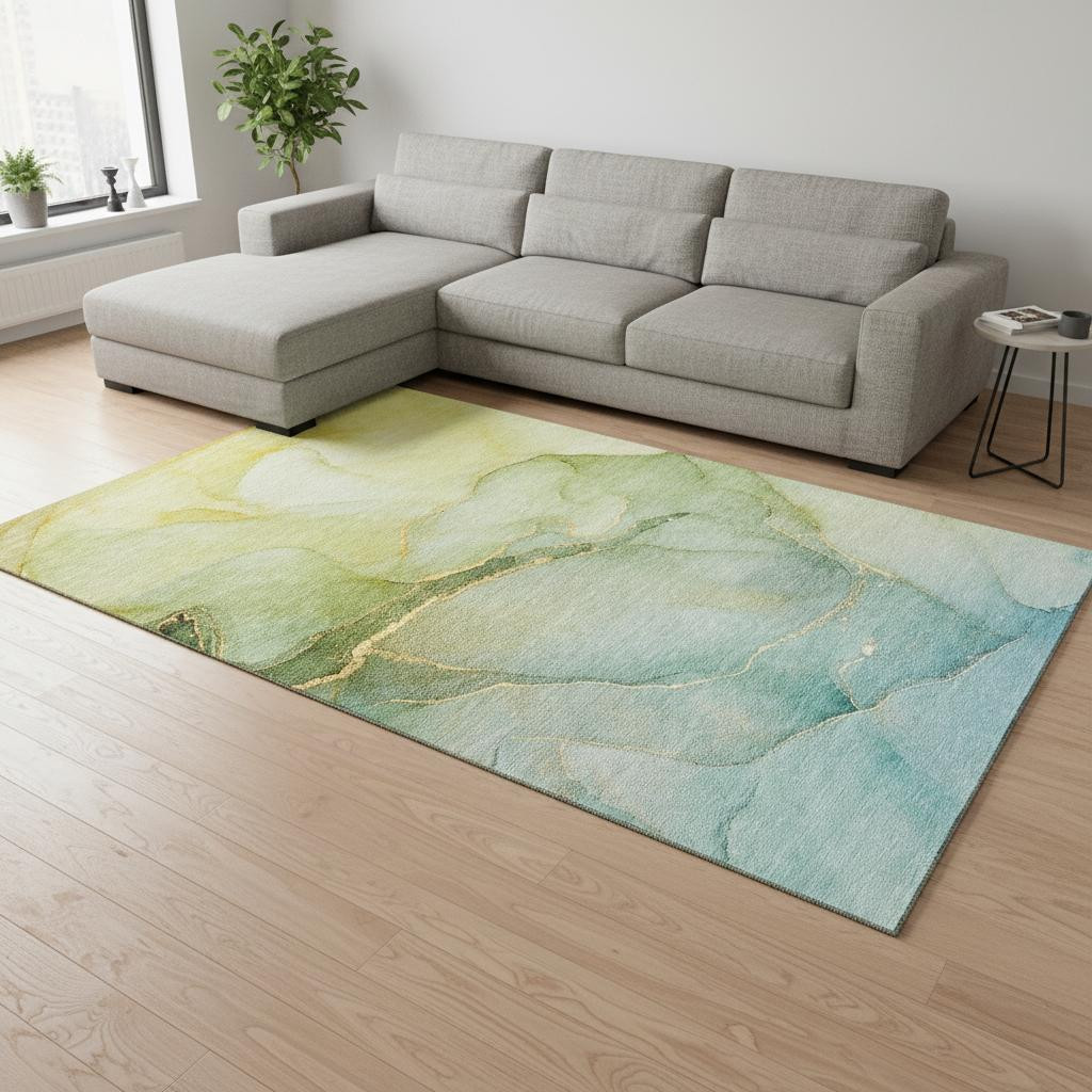 646906 10 x 14 ft. Green & Ivory Abstract Transitional Washable Machine Made Rectangle Area Rug with UV Protection