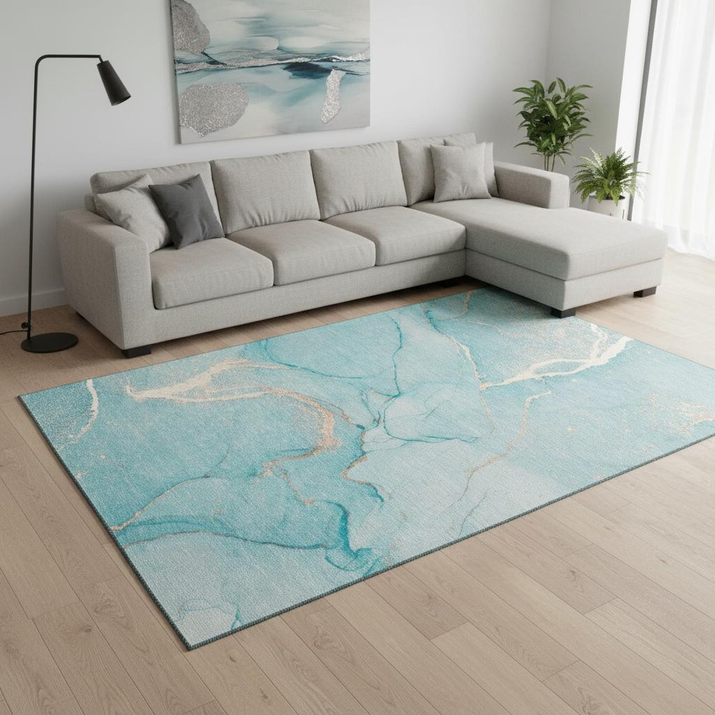 646972 10 x 14 ft. Teal & Ivory Abstract Transitional Washable Machine Made Rectangle Area Rug with UV Protection