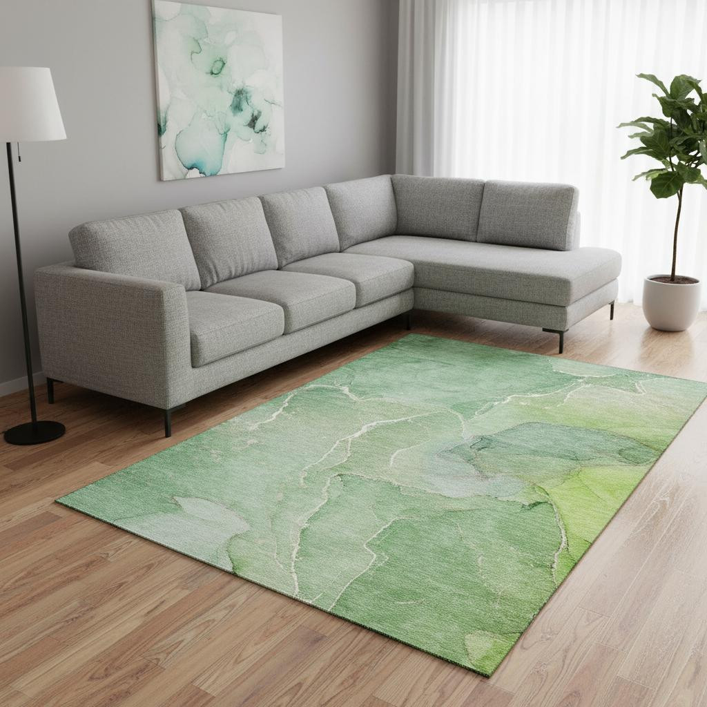646983 9 x 12 ft. Green & Ivory Abstract Transitional Washable Machine Made Rectangle Area Rug with UV Protection