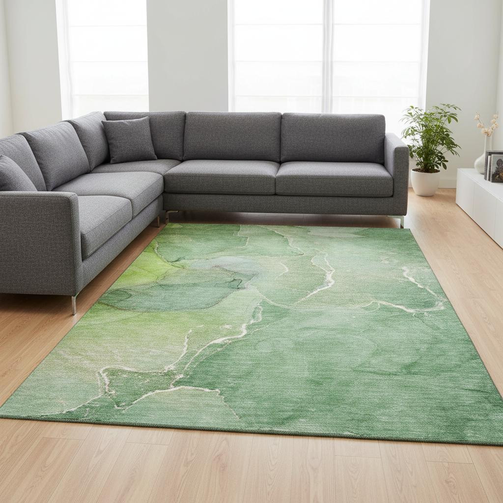 646984 10 x 14 ft. Green & Ivory Abstract Transitional Washable Machine Made Rectangle Area Rug with UV Protection