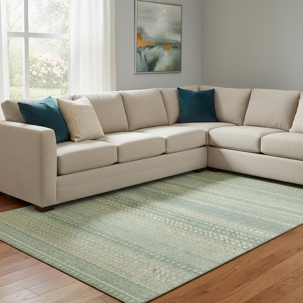 647488 10 x 14 ft. Fern Green & Ivory Striped Transitional Washable Machine Made Rectangle Area Rug with UV Protection