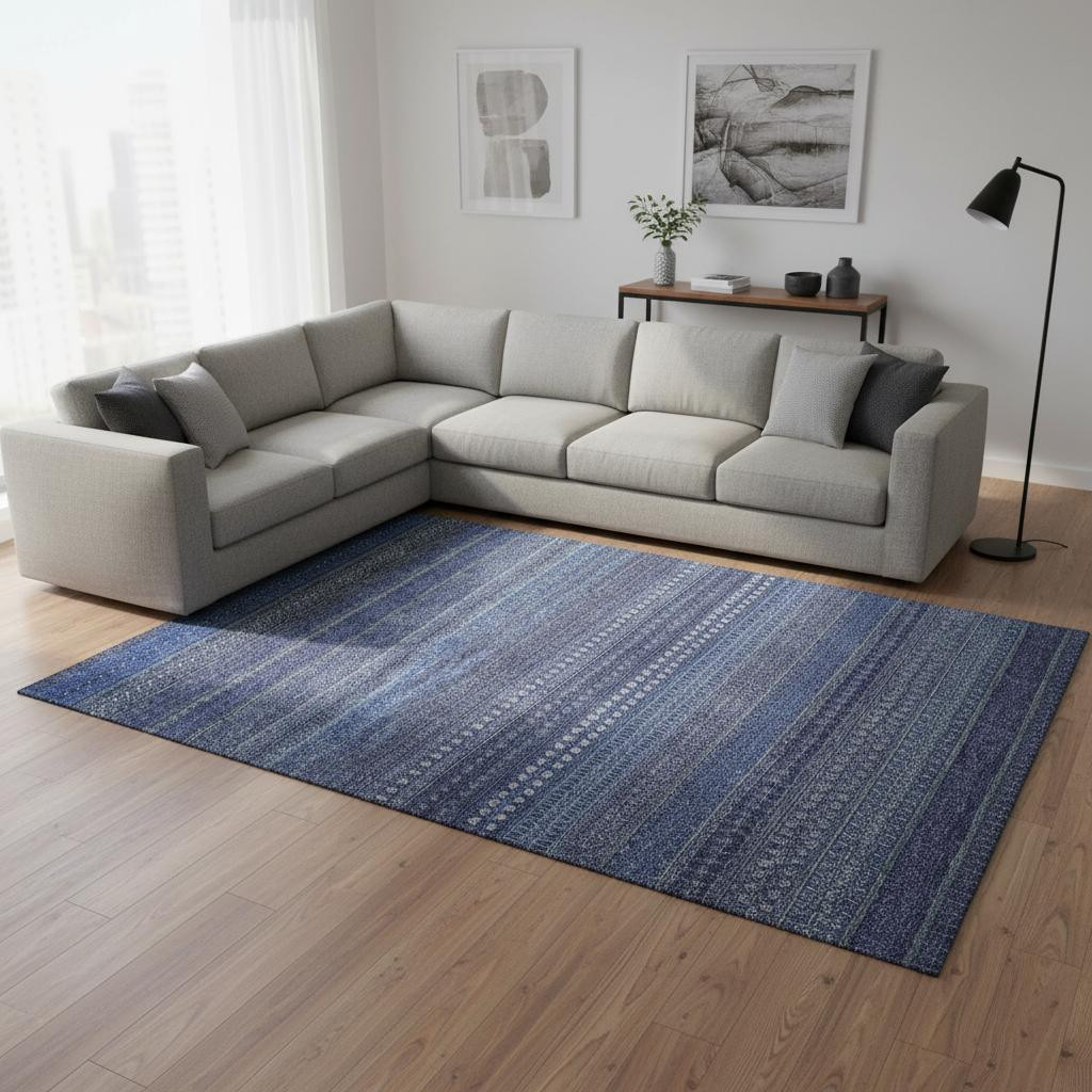 647528 8 x 10 ft. Navy Blue & Ivory Striped Transitional Washable Machine Made Rectangle Area Rug with UV Protection