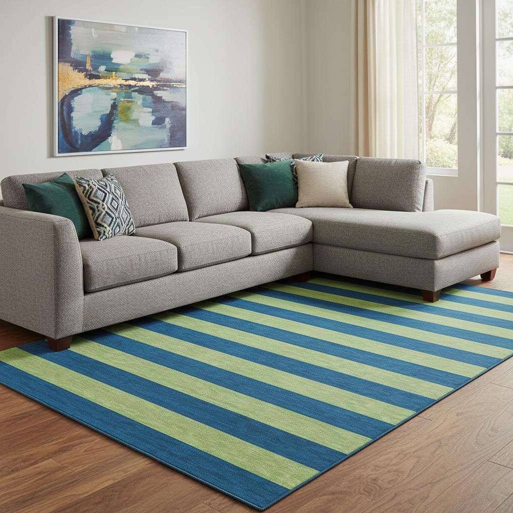 647758 10 x 14 ft. Navy Blue & Green Striped Washable Machine Made Rectangle Area Rug with UV Protection