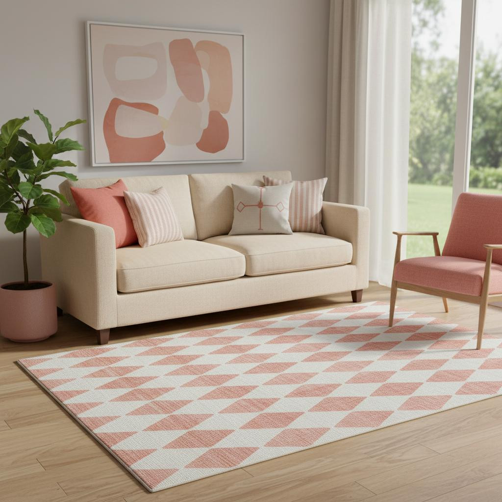 650112 5 x 8 ft. Salmon & Ivory Diamond Washable Machine Made Rectangle Area Rug with UV Protection