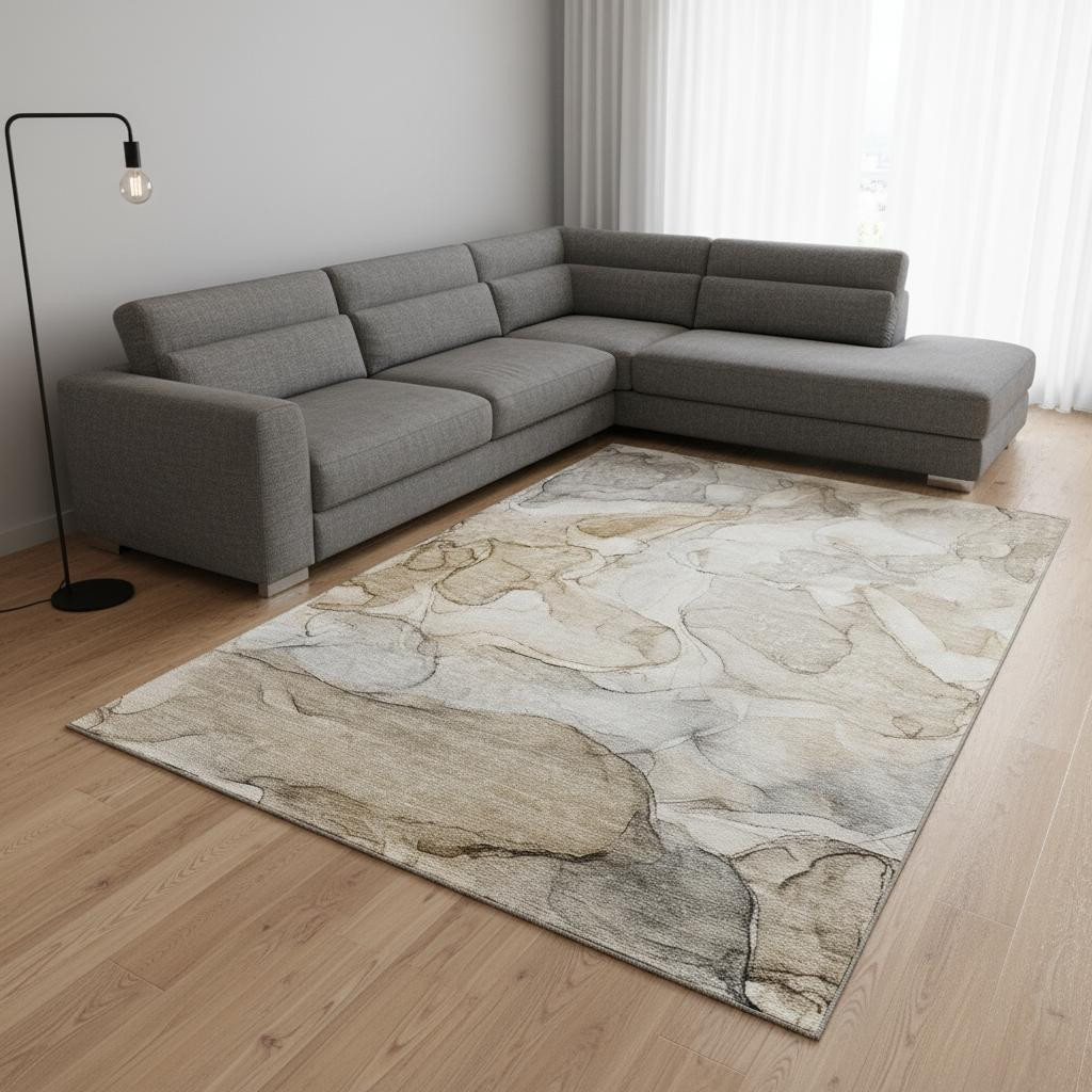 647000 8 x 10 ft. Beige & Ivory Abstract Transitional Washable Machine Made Rectangle Area Rug with UV Protection