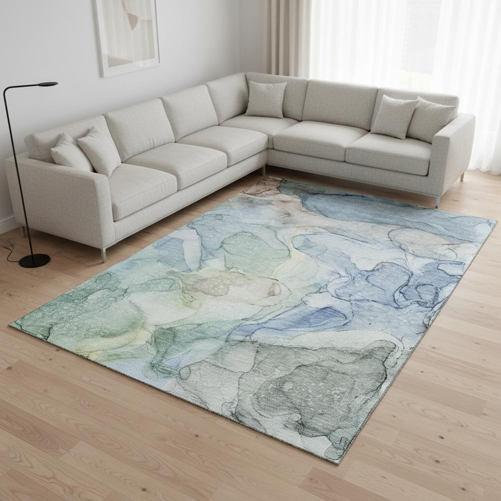 647006 8 x 10 ft. Blue & Ivory Abstract Transitional Washable Machine Made Rectangle Area Rug with UV Protection