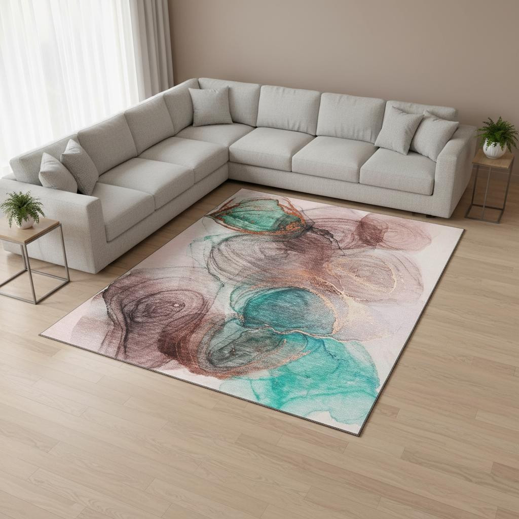 647031 9 x 12 ft. Burgundy, Blue & Ivory Abstract Washable Machine Made Rectangle Area Rug with UV Protection