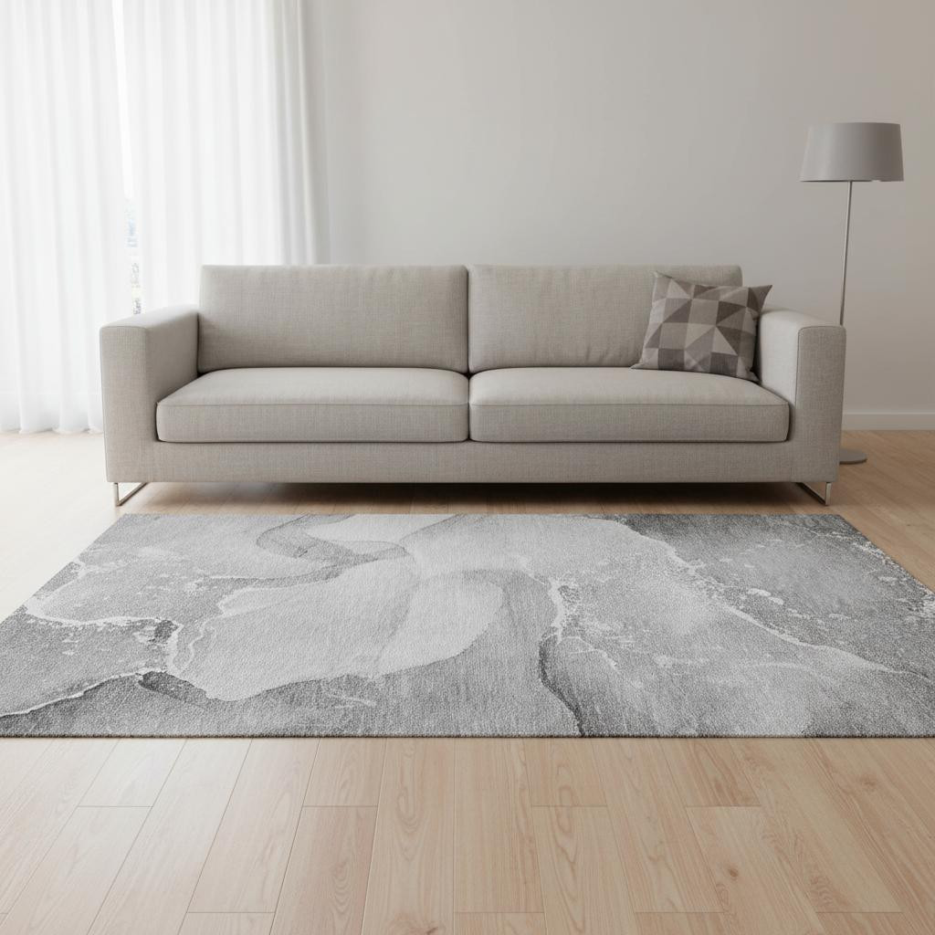 647202 5 x 8 ft. Gray & Ivory Abstract Transitional Washable Machine Made Rectangle Area Rug with UV Protection