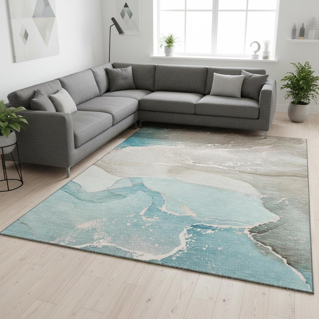 647216 8 x 10 ft. Teal Beige & Ivory Abstract Washable Machine Made Rectangle Area Rug with UV Protection