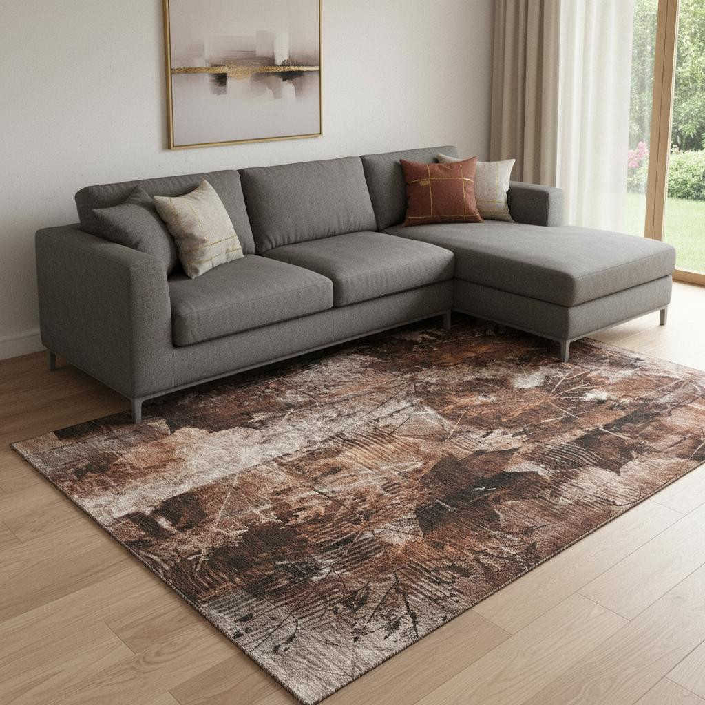 649084 10 x 14 ft. Rust & Ivory Floral Transitional Washable Machine Made Rectangle Area Rug with UV Protection