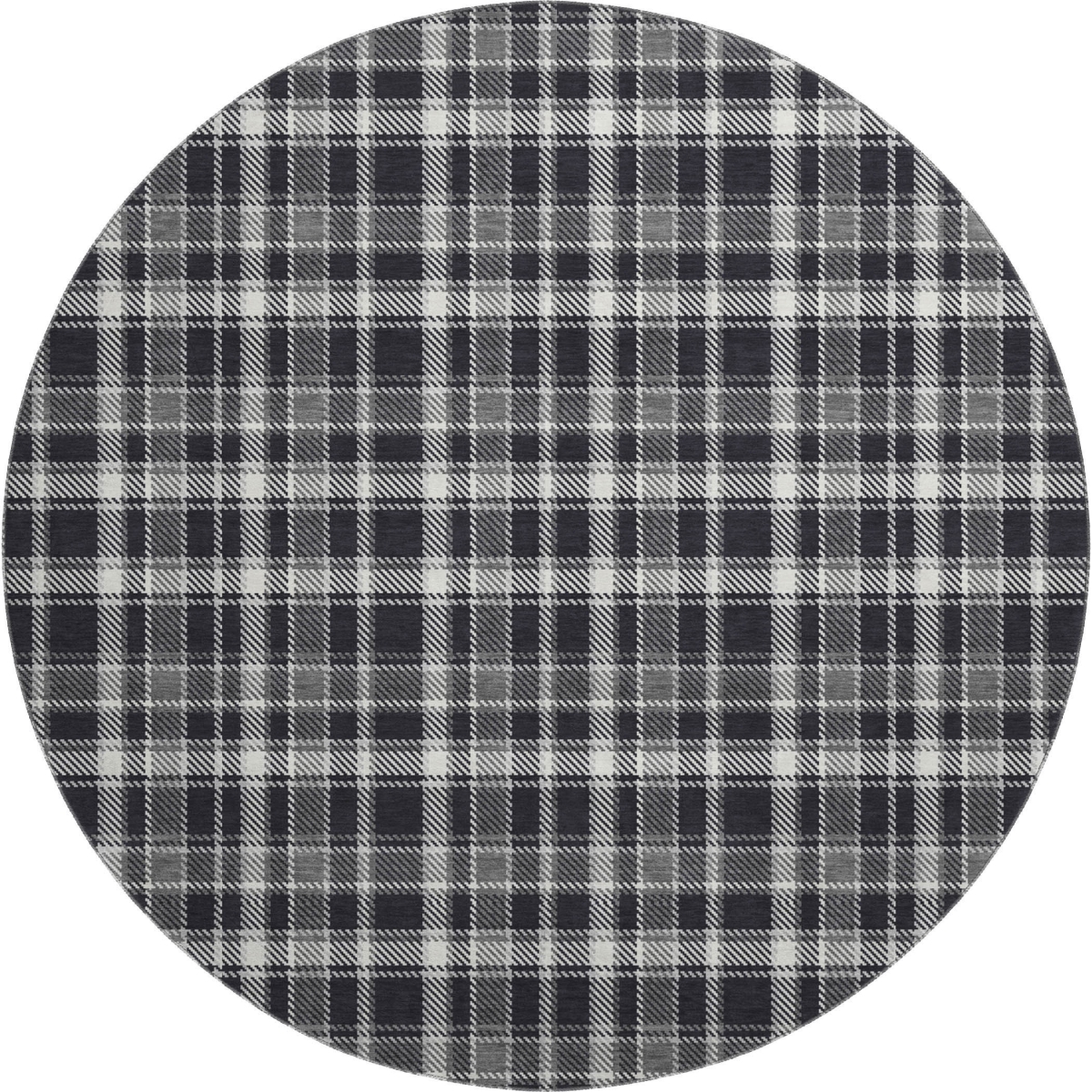 649423 8 ft. Black & Ivory Plaid Transitional Washable Round Area Rug with UV Protection