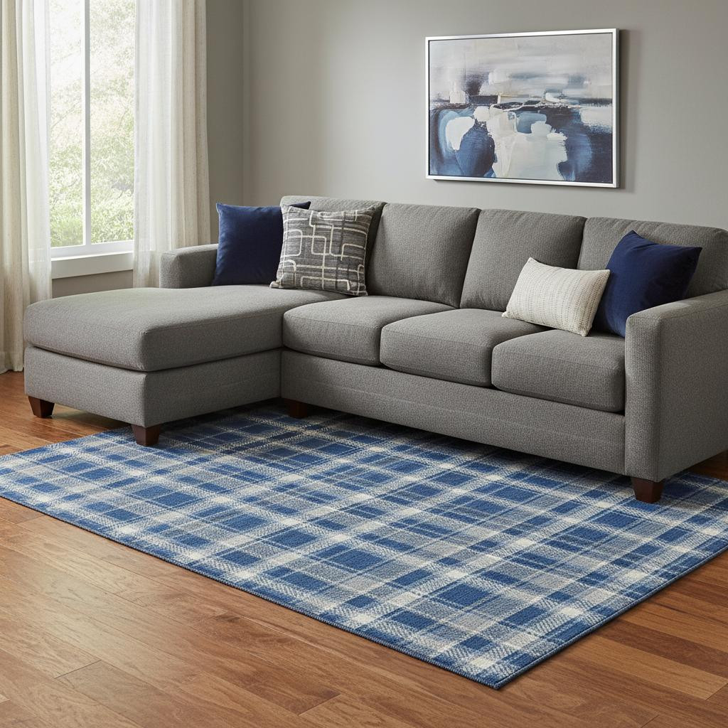 649450 10 x 14 ft. Navy Blue & Ivory Plaid Transitional Washable Machine Made Rectangle Area Rug with UV Protection