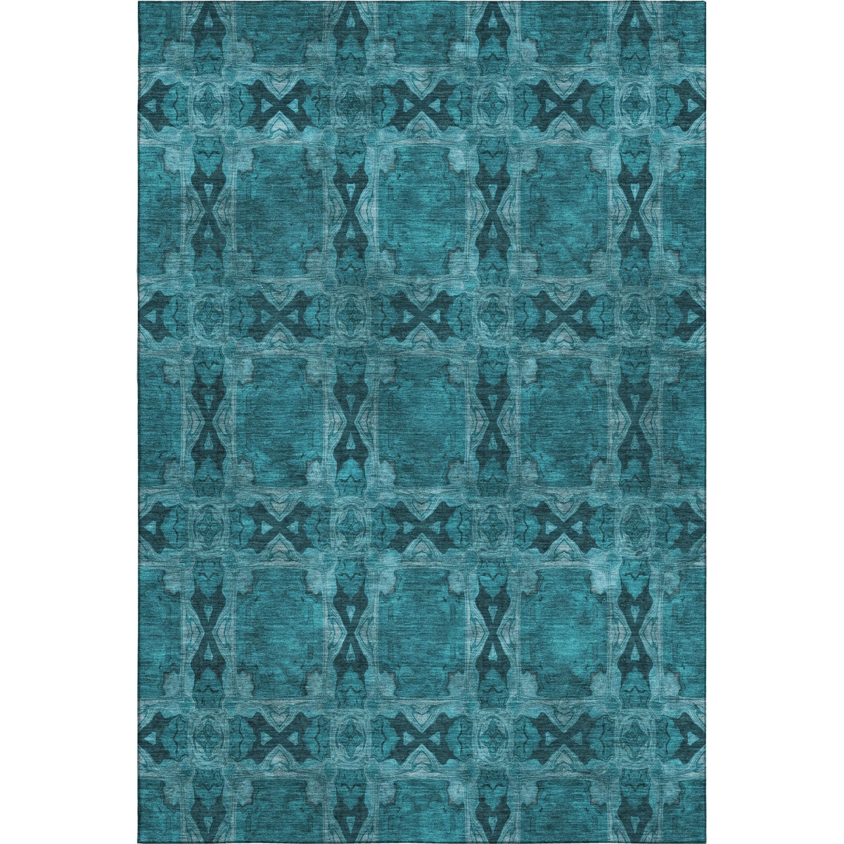 649518 5 x 8 ft. Teal & Gray Floral Medallion Washable Machine Made Rectangle Area Rug with UV Protection
