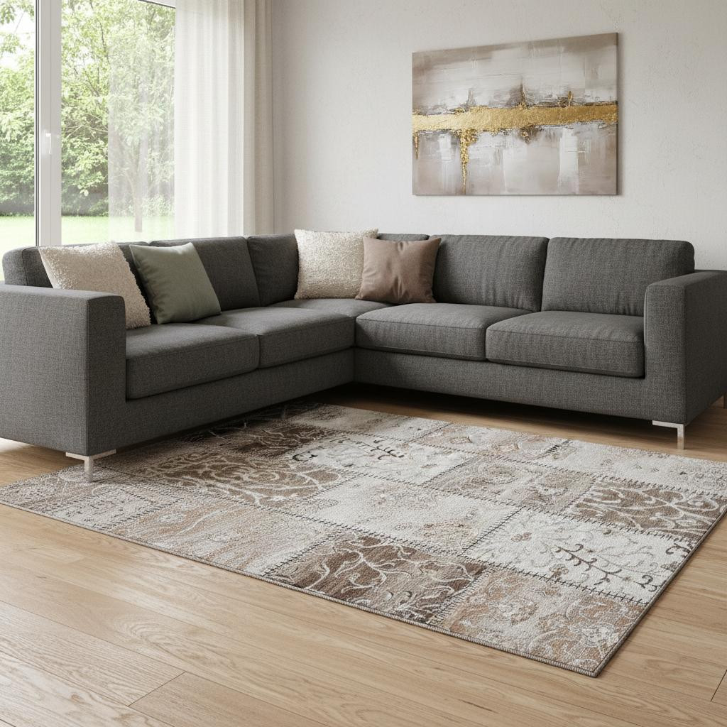 649552 10 x 14 ft. Beige & Ivory Patchwork Washable Machine Made Rectangle Area Rug with UV Protection