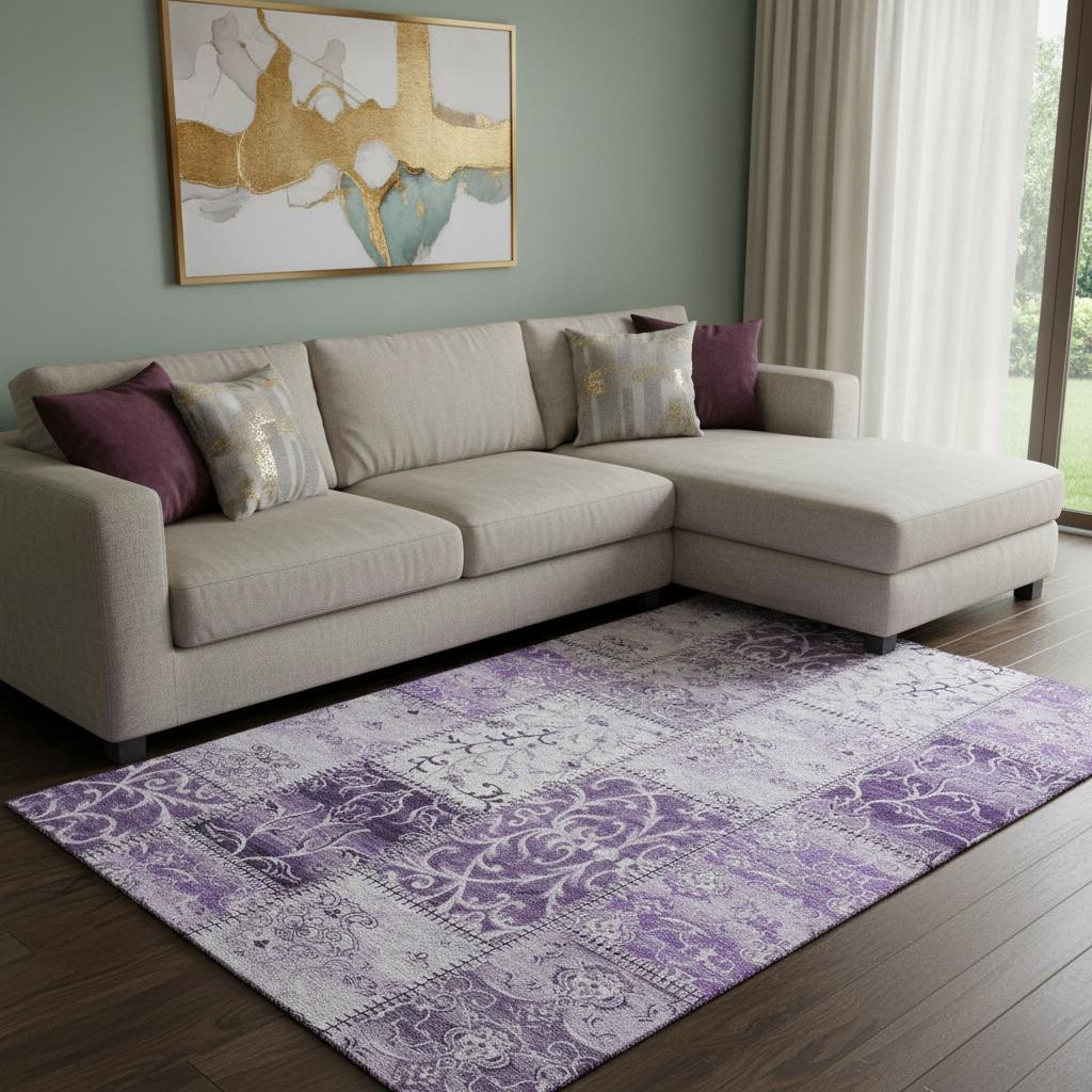 649582 10 x 14 ft. Purple & Ivory Patchwork Washable Machine Made Rectangle Area Rug with UV Protection