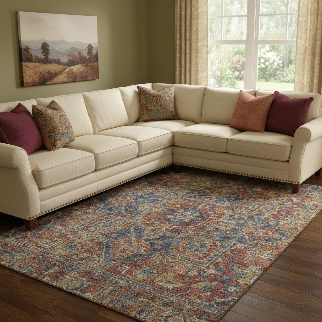 649762 10 x 14 ft. Red & Blue Oriental Washable Machine Made Rectangle Area Rug with UV Protection