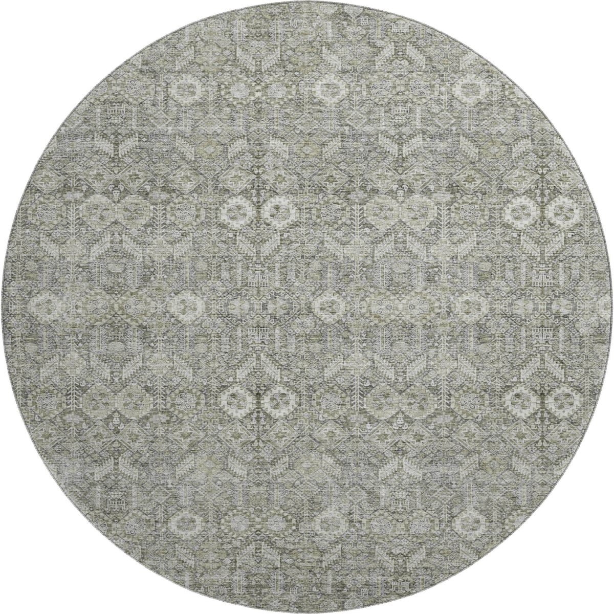 649867 8 ft. Gray & Ivory Tribal Transitional Washable Round Area Rug with UV Protection