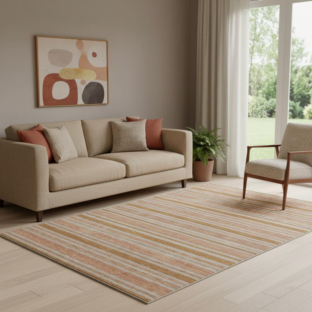 647850 5 x 8 ft. Rust & Beige Striped Transitional Washable Machine Made Rectangle Area Rug with UV Protection