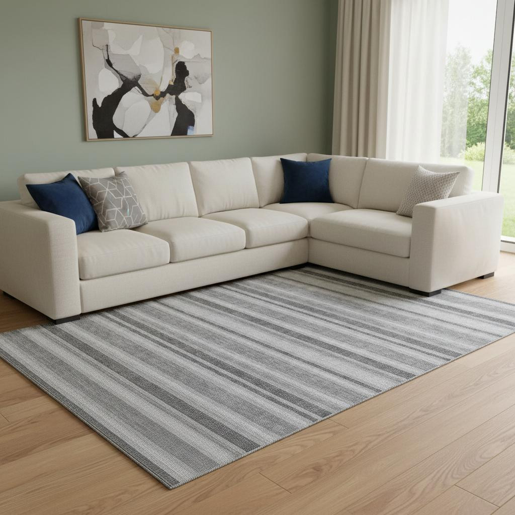647872 10 x 14 ft. Silver & Gray Striped Transitional Washable Machine Made Rectangle Area Rug with UV Protection