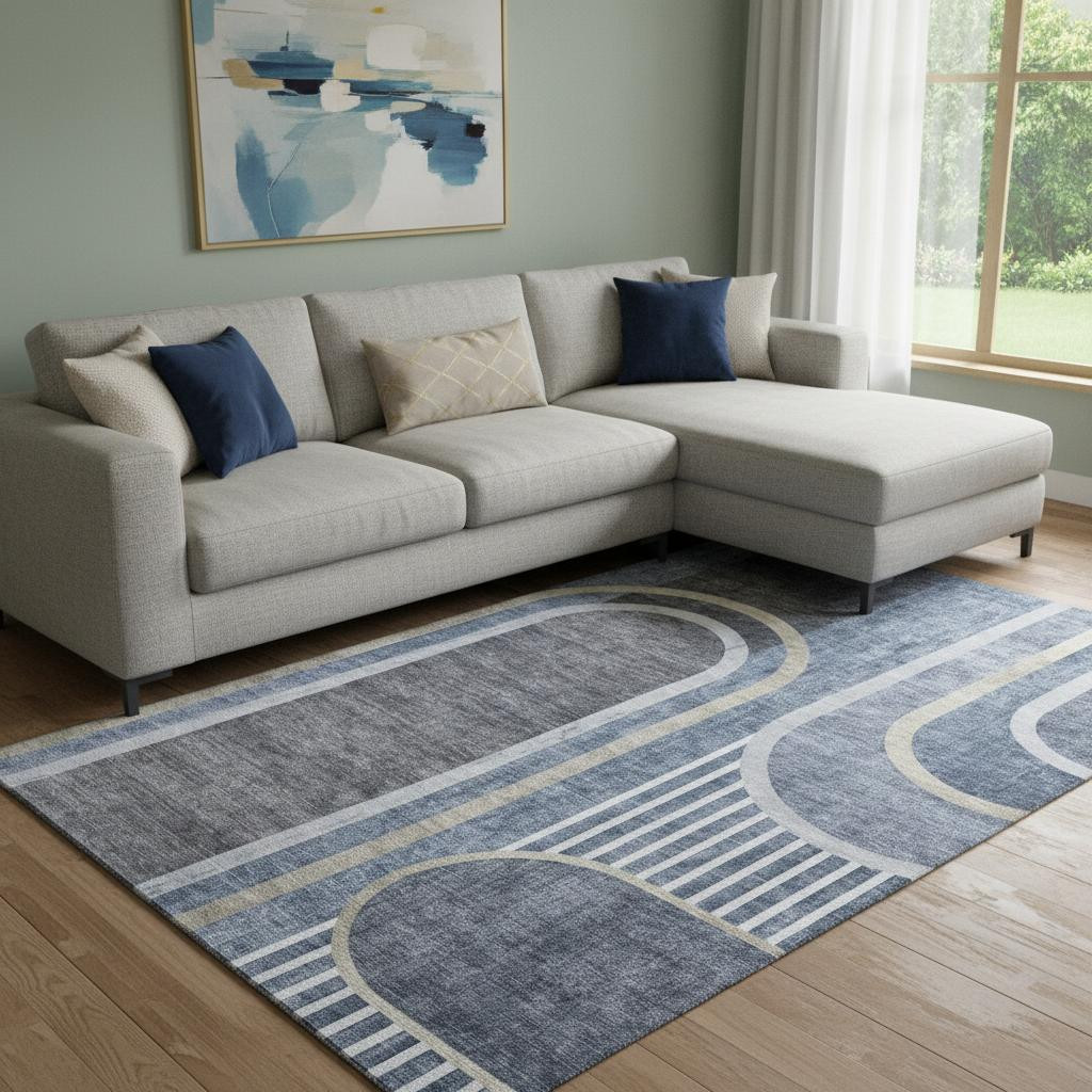 647914 10 x 14 ft. Navy Blue & Khaki Geometric Washable Machine Made Rectangle Area Rug with UV Protection