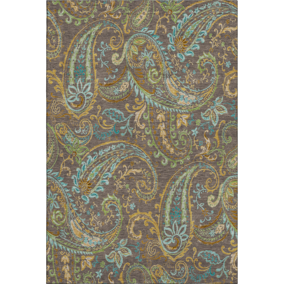 647961 9 x 12 ft. Chocolate, Blue & Green Paisley Washable Machine Made Rectangle Area Rug with UV Protection