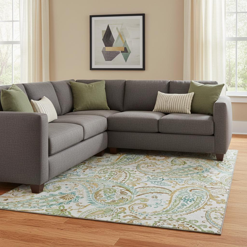 647980 10 x 14 ft. Ivory Blue & Green Paisley Washable Machine Made Rectangle Area Rug with UV Protection