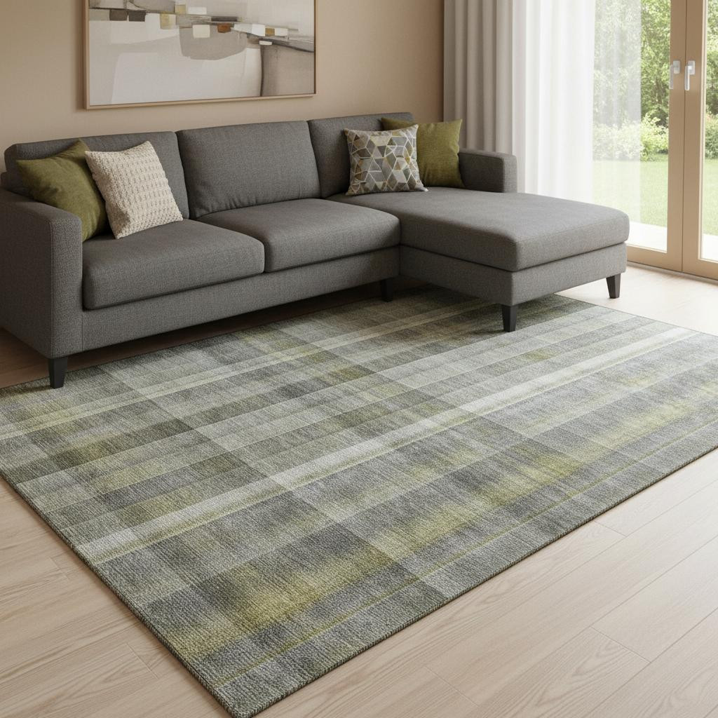 648016 10 x 14 ft. Gray & Gold Plaid Washable Machine Made Rectangle Area Rug with UV Protection