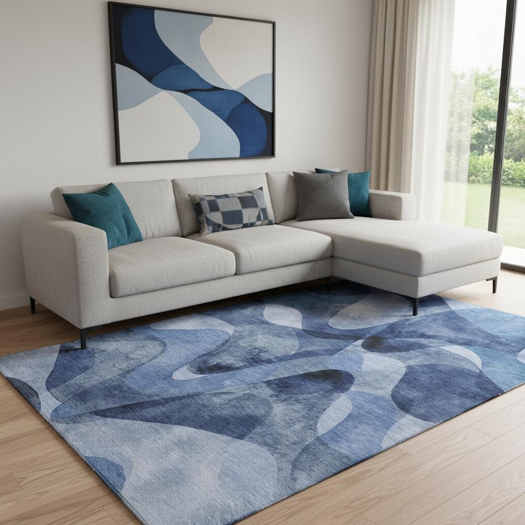 648088 10 x 14 ft. Navy Blue & Ivory Abstract Contemporary Washable Machine Made Rectangle Area Rug with UV Protection