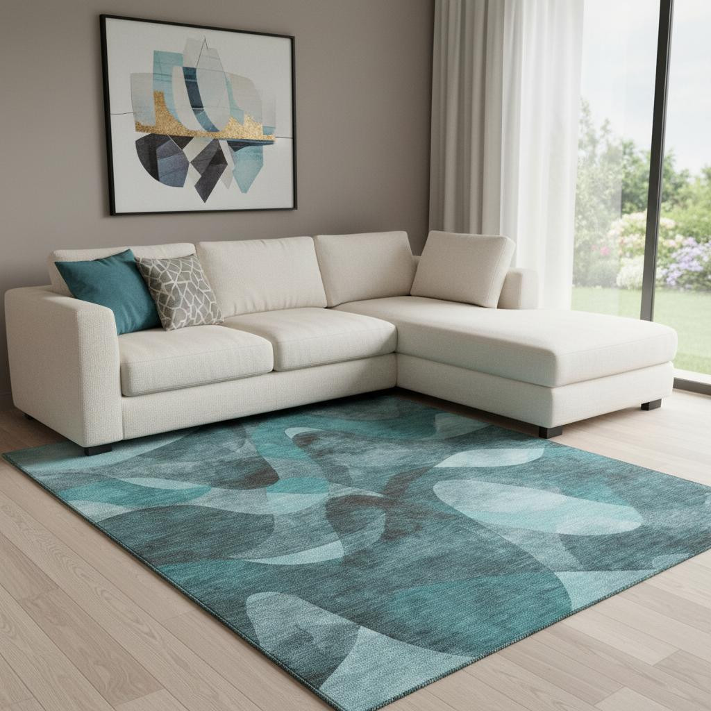 648106 10 x 14 ft. Teal & Ivory Abstract Contemporary Washable Machine Made Rectangle Area Rug with UV Protection
