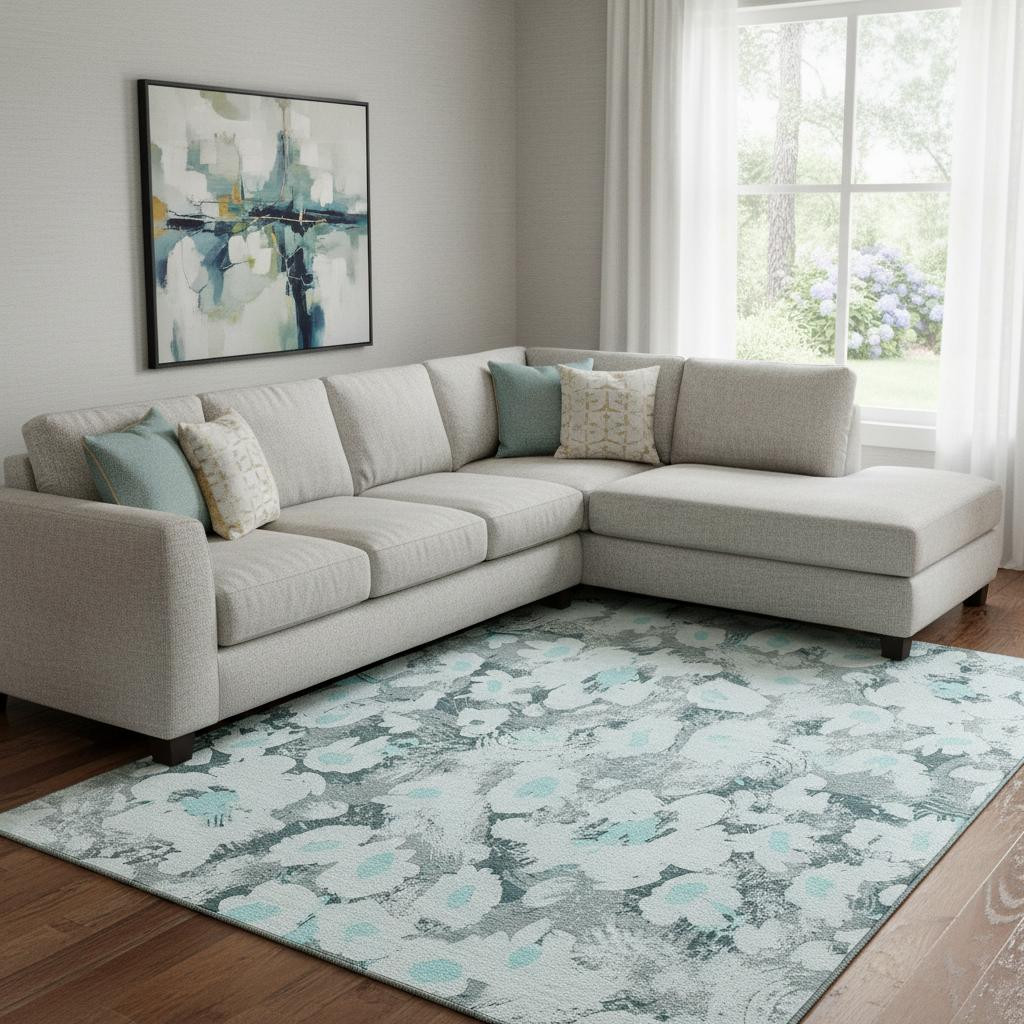 648178 10 x 14 ft. Teal, Gray & Ivory Floral Transitional Washable Machine Made Rectangle Area Rug with UV Protection