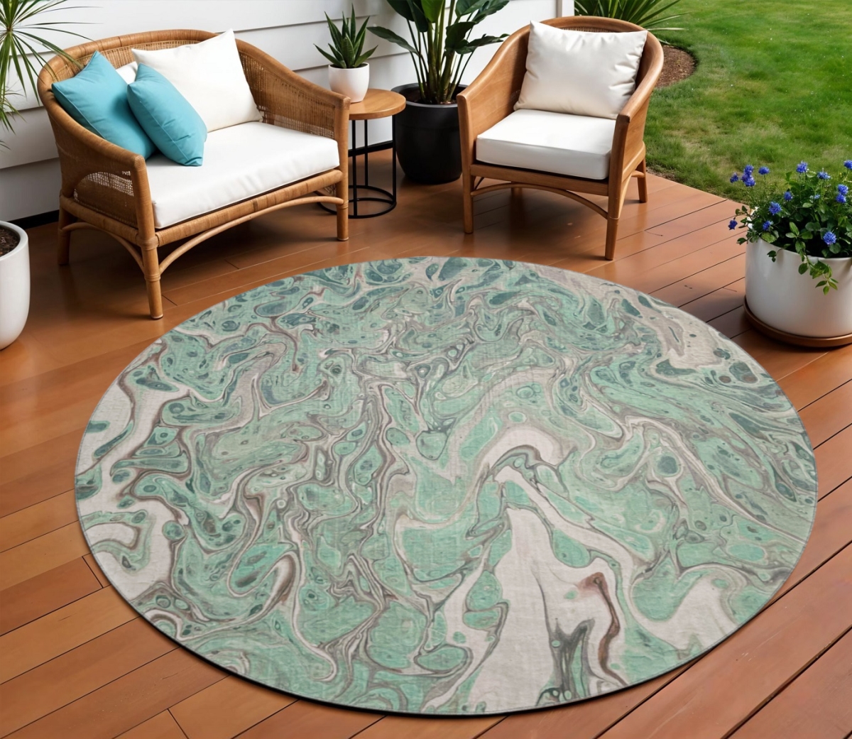 643399 8 ft. Mint Green & Ivory Abstract Washable Contemporary Indoor & Outdoor Round Area Rug
